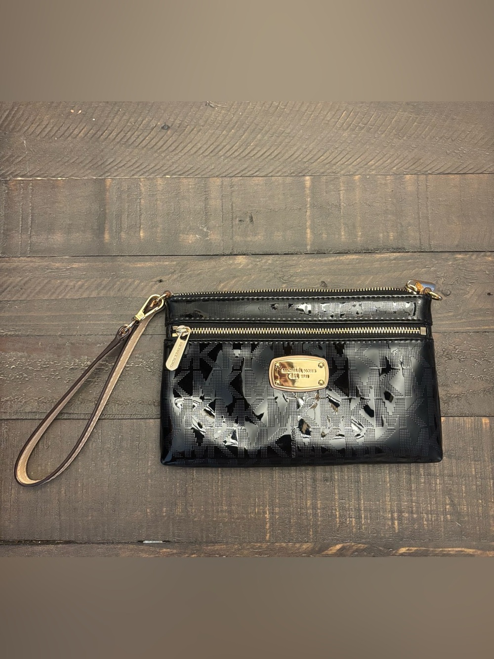 Michael Kors Black Patent Logo Wristlet with Gold Hardware